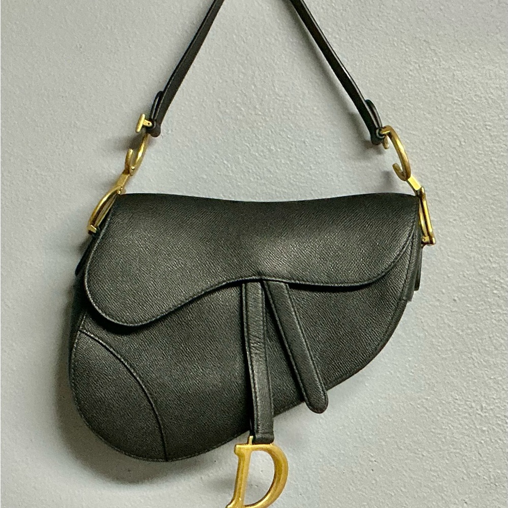 Dior Black and Gold Saddle Shoulder Bag with Signature Silhouette